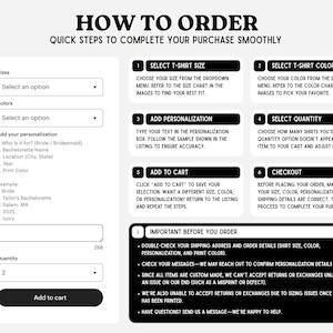 K&ouml;nnte beinhalten: Eine Anleitungsgrafik mit dem Titel HOW TO ORDER mit sechs nummerierten Schritten f&uuml;r den Kauf eines T-Shirts. Sie zeigt Dropdown-Men&uuml;s f&uuml;r Gr&ouml;&szlig;e, Farbe und Menge, ein Textfeld f&uuml;r die Personalisierung und eine Schaltfl&auml;che zum Hinzuf&uuml;gen zum Warenkorb.