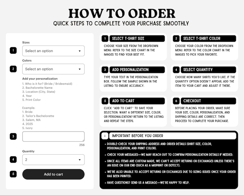 K&ouml;nnte beinhalten: Eine Anleitungsgrafik mit dem Titel HOW TO ORDER mit sechs nummerierten Schritten f&uuml;r den Kauf eines T-Shirts. Sie zeigt Dropdown-Men&uuml;s f&uuml;r Gr&ouml;&szlig;e, Farbe und Menge, ein Textfeld f&uuml;r die Personalisierung und eine Schaltfl&auml;che zum Hinzuf&uuml;gen zum Warenkorb.