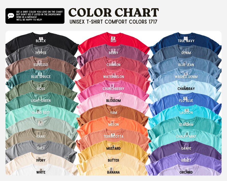 K&ouml;nnte beinhalten: Eine Farbkarte f&uuml;r Comfort Colors 1717 Unisex-T-Shirts mit zweiundvierzig gefalteten T-Shirts in verschiedenen Farbt&ouml;nen, darunter Schwarz, Rot, Marineblau, Beere, Karmesinrot, Wassermelone, Crunchberry, Bl&uuml;te, Yamswurzel, Melone, Terrakotta, Senf, Butter, Banane, Wei&szlig; und Elfenbein.