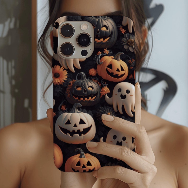 May include: A black phone case with a Halloween theme. The case features a variety of pumpkins, ghosts, and other spooky designs. The case is made of a durable material and is perfect for protecting your phone.
