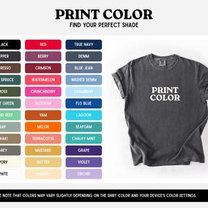 K&ouml;nnte beinhalten: Ein anthrazitfarbenes Kurzarm-T-Shirt mit dem wei&szlig;en Text PRINT COLOR mittig auf der Brust. Links daneben zeigt eine Farbkarte dreiunddrei&szlig;ig rechteckige Farbfelder, die mit verschiedenen Farbnamen wie Schwarz, Rot und Marineblau beschriftet sind.