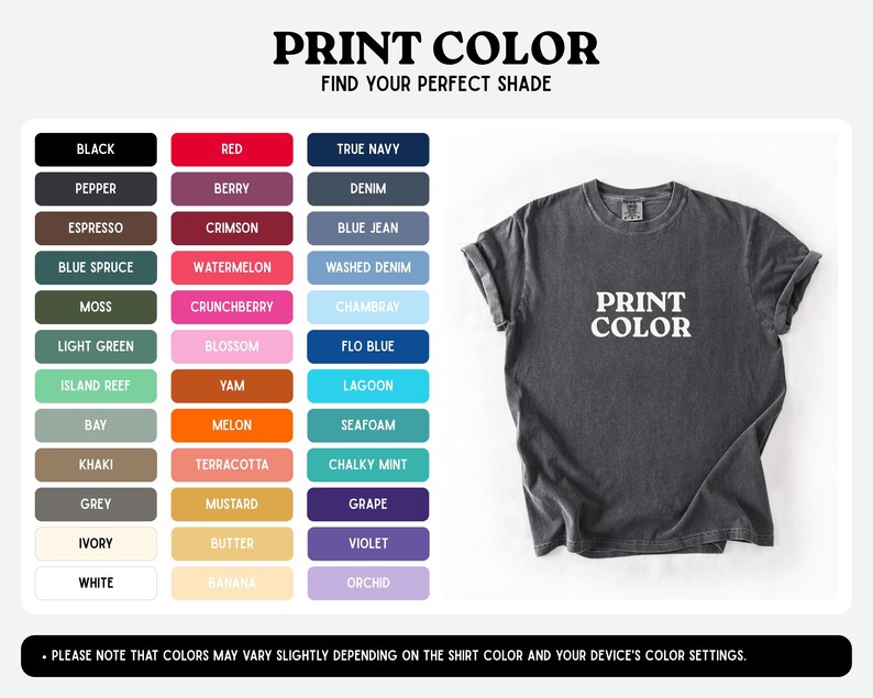 K&ouml;nnte beinhalten: Ein anthrazitfarbenes Kurzarm-T-Shirt mit dem wei&szlig;en Text PRINT COLOR mittig auf der Brust. Links daneben zeigt eine Farbkarte dreiunddrei&szlig;ig rechteckige Farbfelder, die mit verschiedenen Farbnamen wie Schwarz, Rot und Marineblau beschriftet sind.