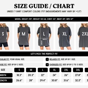 K&ouml;nnte beinhalten: Eine Gr&ouml;&szlig;entabelle f&uuml;r Comfort Colors 1717 T-Shirts mit f&uuml;nf Bildern einer Person in den Gr&ouml;&szlig;en S bis 2XL. Die Tabelle enth&auml;lt eine Modellreferenz, Passformbeschreibungen und eine &Uuml;bersicht der Breiten- und L&auml;ngenma&szlig;e in Zoll.