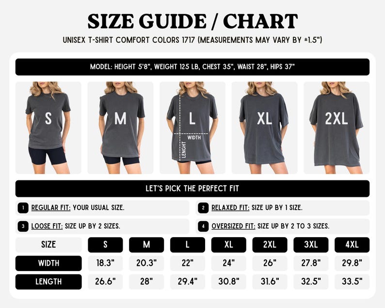 K&ouml;nnte beinhalten: Eine Gr&ouml;&szlig;entabelle f&uuml;r Comfort Colors 1717 T-Shirts mit f&uuml;nf Bildern einer Person in den Gr&ouml;&szlig;en S bis 2XL. Die Tabelle enth&auml;lt eine Modellreferenz, Passformbeschreibungen und eine &Uuml;bersicht der Breiten- und L&auml;ngenma&szlig;e in Zoll.