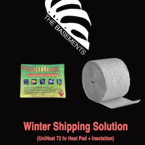 May include: A silver roll of insulation and a yellow and green UniHeat 72+ hour multi-purpose jumbo shipping warmer. The text "Winter Shipping Solution (UniHeat 72 hr Heat Pad + Insolation)" is below the image.