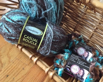 Destash - NEW Sensations Casual Boucle yarn in turquoise and brown, with bonus skeins for trim