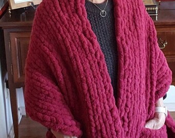 Handmade Knit Shawl Wrap w/ 2 Deep Patch Pockets Hand Knitted Approx. 70" x 20" Rich Ruby Red Color Knitted Chunky Chenille Machine Washable