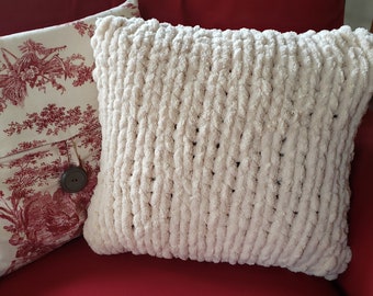 Chunky Knit Pillow 15" Beige Handmade Pillow w/ 16" Square Polyester Pillow Insert Included Finger Knitted Home Decor for Bed Chair or Sofa