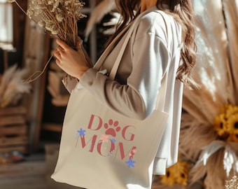 Dog Mom Tote Bag - World's Best Dog Mom Gift, Floral Canvas Reusable Shopping Bag