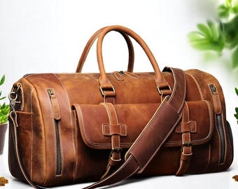 Mens Full Grain Leather Duffle Bag: Weekender Travel Carry-On