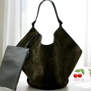 Große Wildleder Tragetasche für Frauen, Echtleder Hobo Geldbörse, Slouchy Schultertasche, Elegante Eimer Arbeitstasche, große Ledertasche