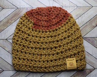 Preemie to Newborn Handmade Two toned knit beanie hat Corn harvest and Nutmeg