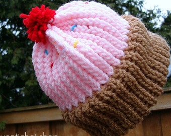 Strawberry Pink Cupcake Knit Winter Hat With Sprinkles and Cherry Baked Fresh