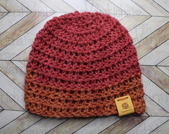 Preemie to Newborn Handmade knit two toned hat deep carmine and pumpkin skin