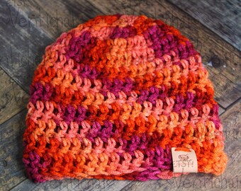 Newborn Handmade Knit Beanie Multicolored soft Pink, sunset Red, orange , and purple