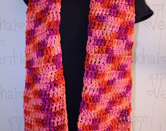 Handmade knit multicolored red-pink-purple scarf