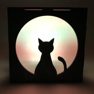 Kitty Cat Wood Lantern LED Light Cube Candle Box Cat Home Decor Nightlight Lamp image 1
