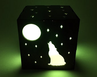 Wood Howling Wolf Lantern Lamp with LED Light - Fantasy Home Decor - Starry Night