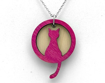 Wood Cat Essential Oil Diffuser Necklace - Cat Aromatherapy Jewelry - Laser Cut - Gift for Her