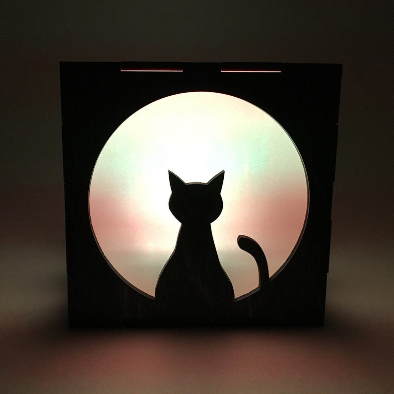 Kitty Cat Wood Lantern LED Light Cube Candle Box Cat Home Decor Nightlight Lamp image 1