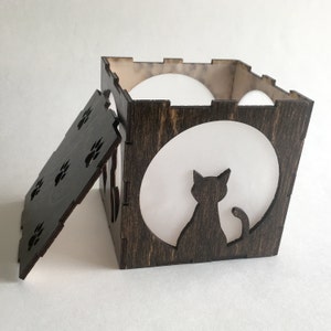 Kitty Cat Wood Lantern LED Light Cube Candle Box Cat Home Decor Nightlight Lamp image 5