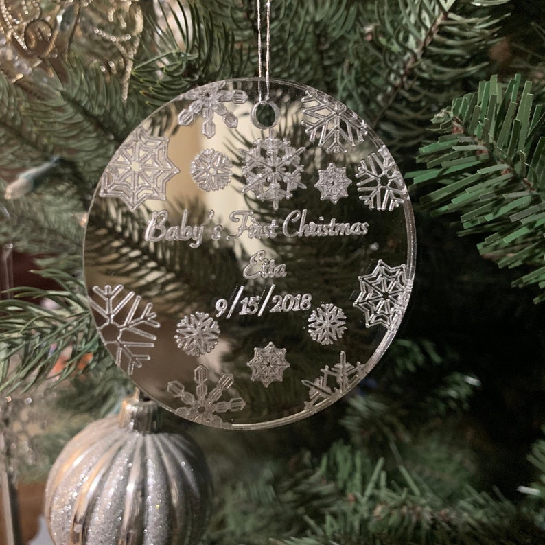 silver baby's first christmas ornament personalized