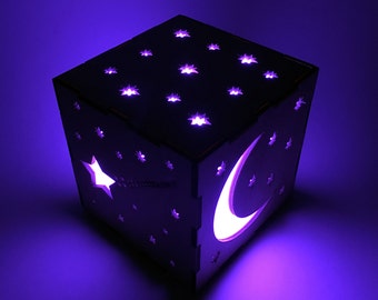 Moon and Stars Light Box, Color Changing LED Lantern, Moon Lamp, Wood Lantern, Home Decor, Light Box, Stars Nightlight, Celestial Decor