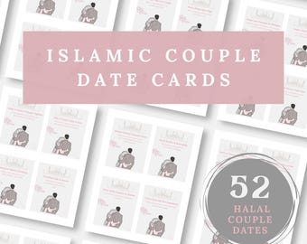 Op de afbeelding: Een verzameling islamitische datekaarten voor koppels. De kaarten zijn wit met illustraties van een knuffelend stel. De tekst "Islamic Couple Date Cards" staat op een roze banner. Een cirkelvormige afbeelding leest "52 Halal Couple Dates."