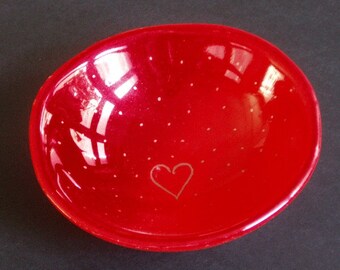 Fused glass bowl -  red with gold heart and dots