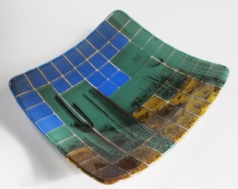 Stained glass plate - Saguaro Arizona plate - Silkscreen printing on glass - landscape