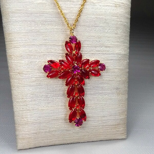 Extra large vintage red & purple cross with gold tone chain