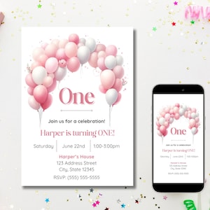 Invitation d'anniversaire modifiable d'arche de ballons blancs roses, modèle floral minimal de fille, invitation imprimable mobile de téléchargement numérique de 5 x 7 4 x 6