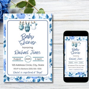 Invito modificabile per baby shower floreale blu, modello di stendibiancheria, invito stampabile per abiti per neonati, download digitale mobile immediato 5x7 4x6