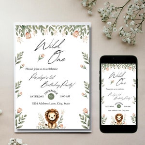 Convite editável para festa de 1º aniversário do Wild One, modelo floral para o primeiro aniversário, convite minimalista para bebê animal, download digital para celular 5x7 4x6