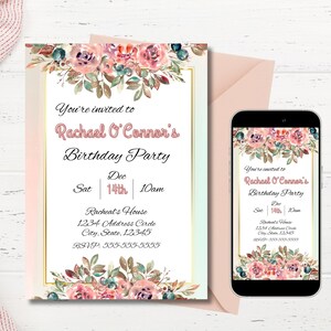 Convite de aniversário floral rosa personalizável, modelo de aniversário de flores editável, download digital instantâneo 5x7 4x6 para celular, convite para impressão