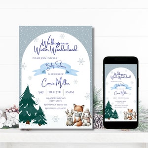 Convite para chá de bebê editável Winter Wonderland, modelo de floco de neve, convite para impressão neutro em termos de gênero, instantâneo, 5x7, 4x6, download digital para celular