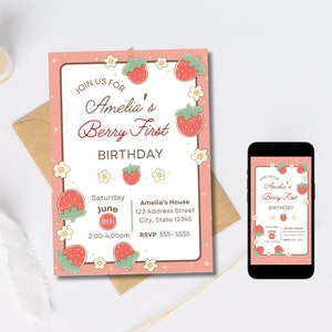 Invitación editable para primer cumpleaños con diseño de bayas, plantilla de fresa para primer cumpleaños, instantánea, 5 x 7, 4 x 6, descarga digital para dispositivos móviles, invitación imprimible con flores blancas