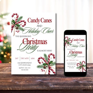 Convite personalizado para festa de Natal com bastão de doces, modelo editável para festa de fim de ano, 5x7, 4x6, download digital para celular, convite para impressão