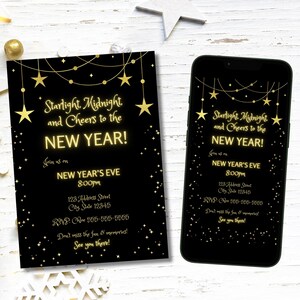 Convite para festa de Ano Novo com estrelas editáveis, modelo de convite personalizado para comemoração da meia-noite com luz das estrelas, download digital instantâneo para celular 5x7