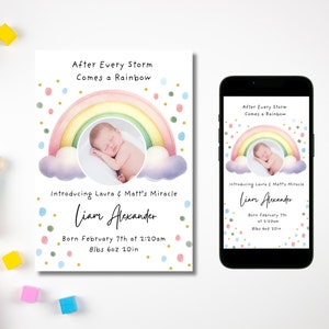 Modello personalizzato per neonato arcobaleno, segnaposto per foto di annuncio di nascita ad acquerello, download digitale immediato per cellulare 5x7, biglietto stampabile