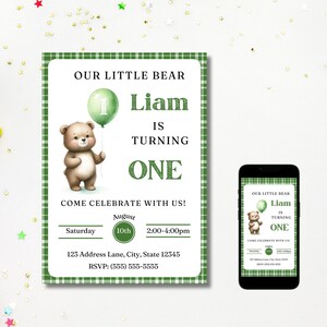 Invitación editable para el primer cumpleaños con osito de peluche, plantilla de cumpleaños con globos verdes, descarga digital instantánea para dispositivos móviles de 5 x 7 y 4 x 6, invitación imprimible para picnic