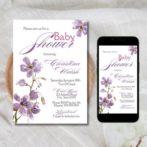 Invito personalizzato per baby shower floreale viola, invito personalizzato con fiori ad acquerello, modello stampabile, download digitale immediato per dispositivi mobili 5x7