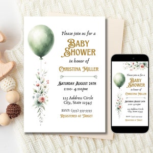 Convite editável para chá de bebê de conto de fadas, modelo de balão de princesa verde, floral instantâneo 5x7 4x6 para celular, download digital, convite para impressão