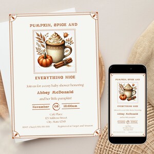 Invitación editable para baby shower de otoño, plantilla neutra en género con diseño de calabaza y especias, 5 x 7, 4 x 6, descarga digital instantánea para dispositivos móviles, invitación imprimible de otoño