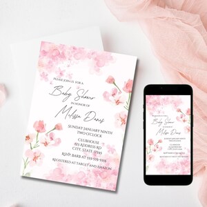 Invito personalizzato per baby shower floreale rosa Invito personalizzato per festa di nascita di neonati con acquerello Modello modificabile Download digitale istantaneo 5x7 per dispositivi mobili