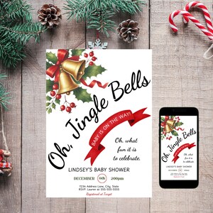 Personalice la invitación para baby shower con cascabeles navideños, plantilla navideña editable, descarga digital instantánea para dispositivos móviles, invitación imprimible