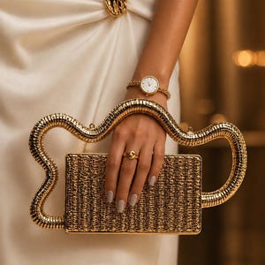 Lyxig vågig aftonkuvertväska med handtag, guldfärgad metallisk hårt skal, designerinspirerad handväska med molnhandtag, bröllopsfestväska