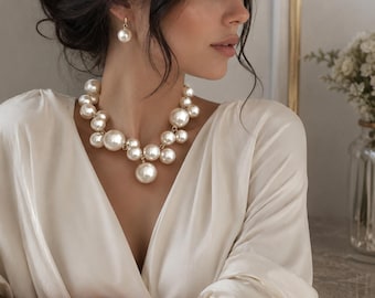 Elegante collar llamativo de perlas de imitación para mujer / Gargantilla de perlas gruesas / Collar de boda nupcial / Collar de perlas vintage / Joyería para fiestas