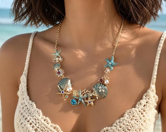 Vintage Ocean Inspired Jewelry for Women – Enamel Starfish Shell Coral Necklace | Luxury Coastal Gift