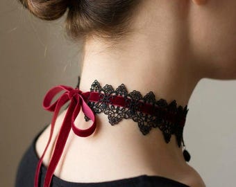 Retro Black Lace Velvet Choker Necklace, Wine Red Tie, Gothic Tassel Pendant